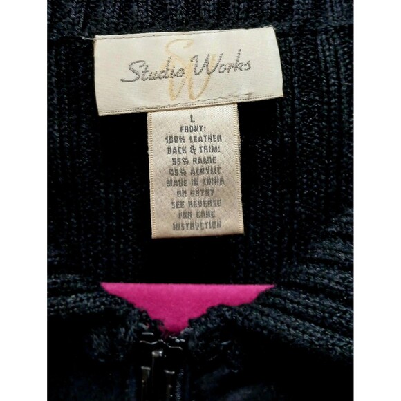 Vintage Studio Works Black Patchwork Leather Knit Zip Sweater Large Y2K Grunge - Picture 8 of 8